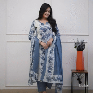 White-Blue Printed & Hand Work-Kurta Set
