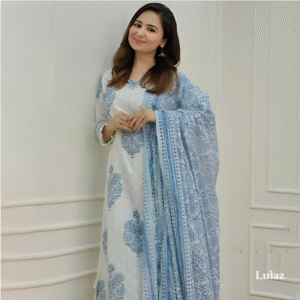 White-Blue Floral Anarkali Suit Set