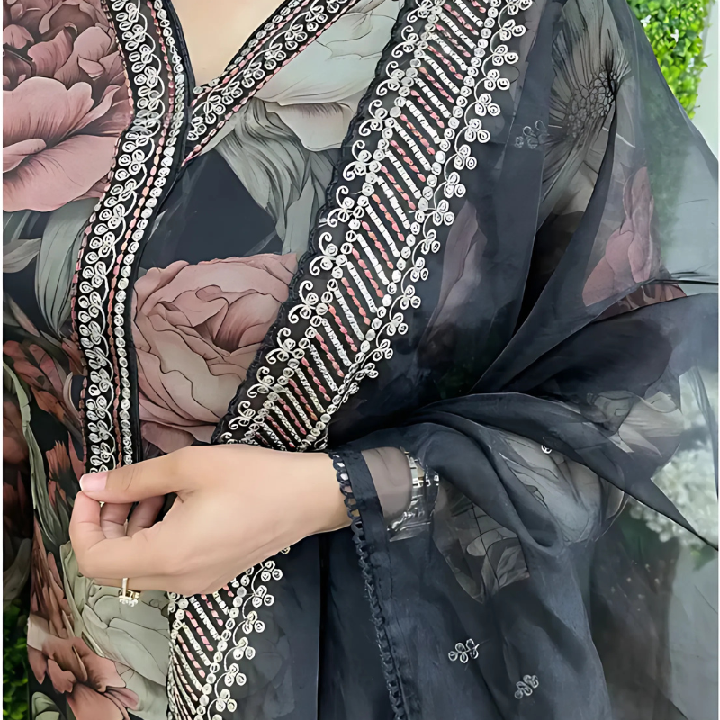 Black Chanderi Digital Print-Kurta Set - Image 2