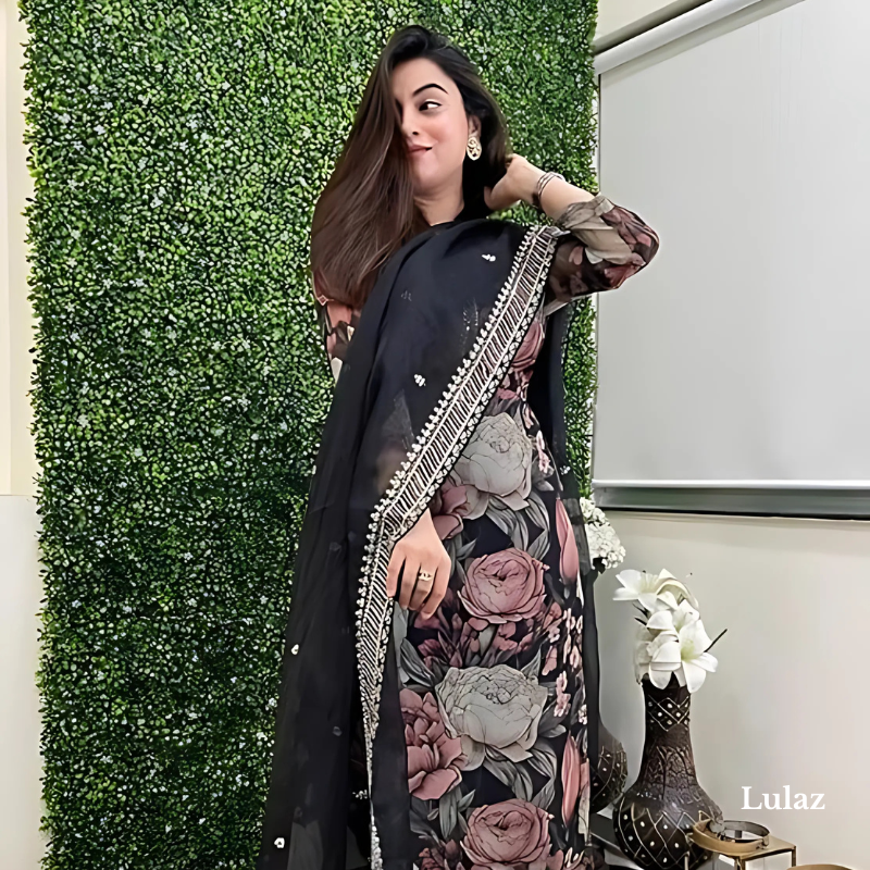 Black Chanderi Digital Print-Kurta Set
