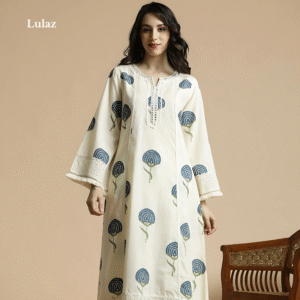 White with Blue Print Cotton-Kurta Cord Set