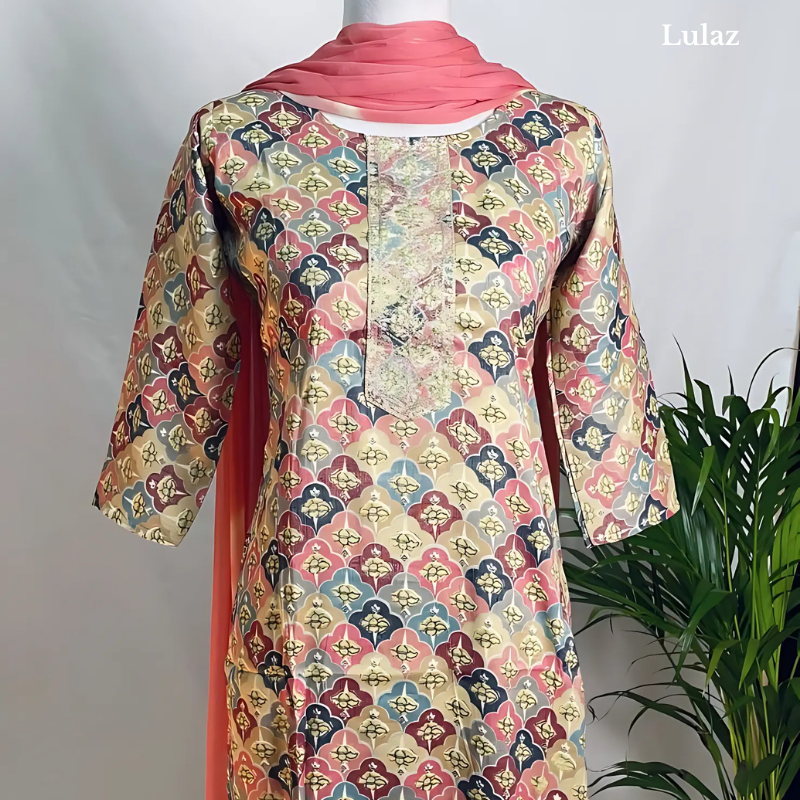 Rayon-Grey Floral With Pink Dupatta - Image 2