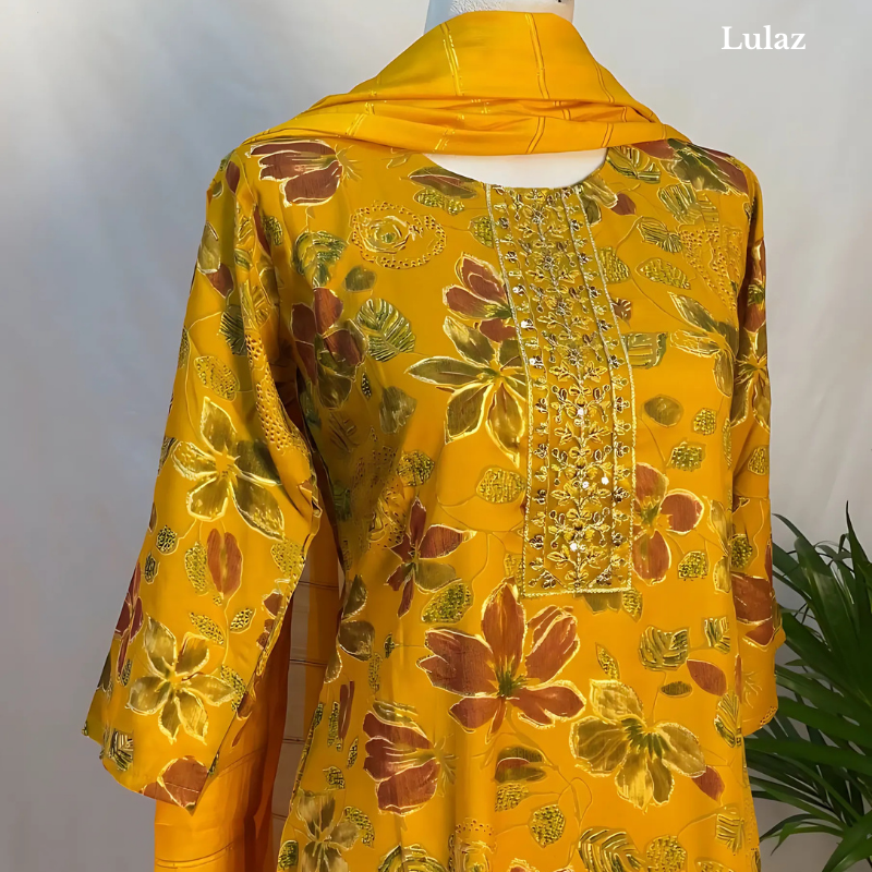 Rayon – Mustard Yellow Floral Set: - Image 2