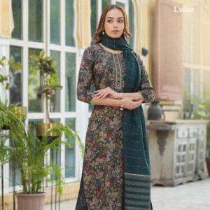 Rayon-Dark Green Floral With Grey Accents