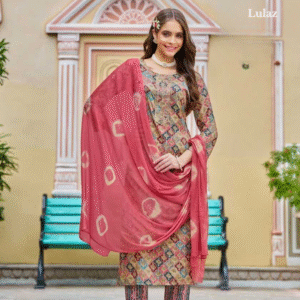 Rayon-Grey Floral With Pink Dupatta