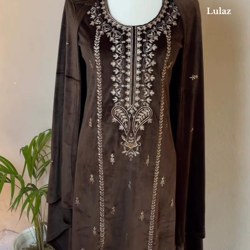 Premium Deep Coffee Brown Velvet Kurta Set - Image 2