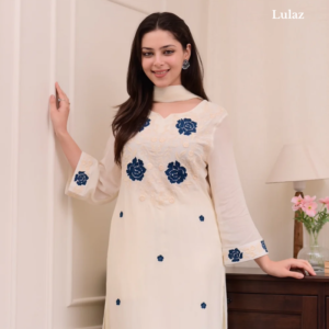 White Kurta With Blue Floral Embroidery